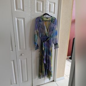 Long Sleeve Wrap Maxi Dress in Multi Blue-Green Print